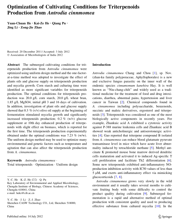 Optimization of Cultivating Conditions for Triterpenoids